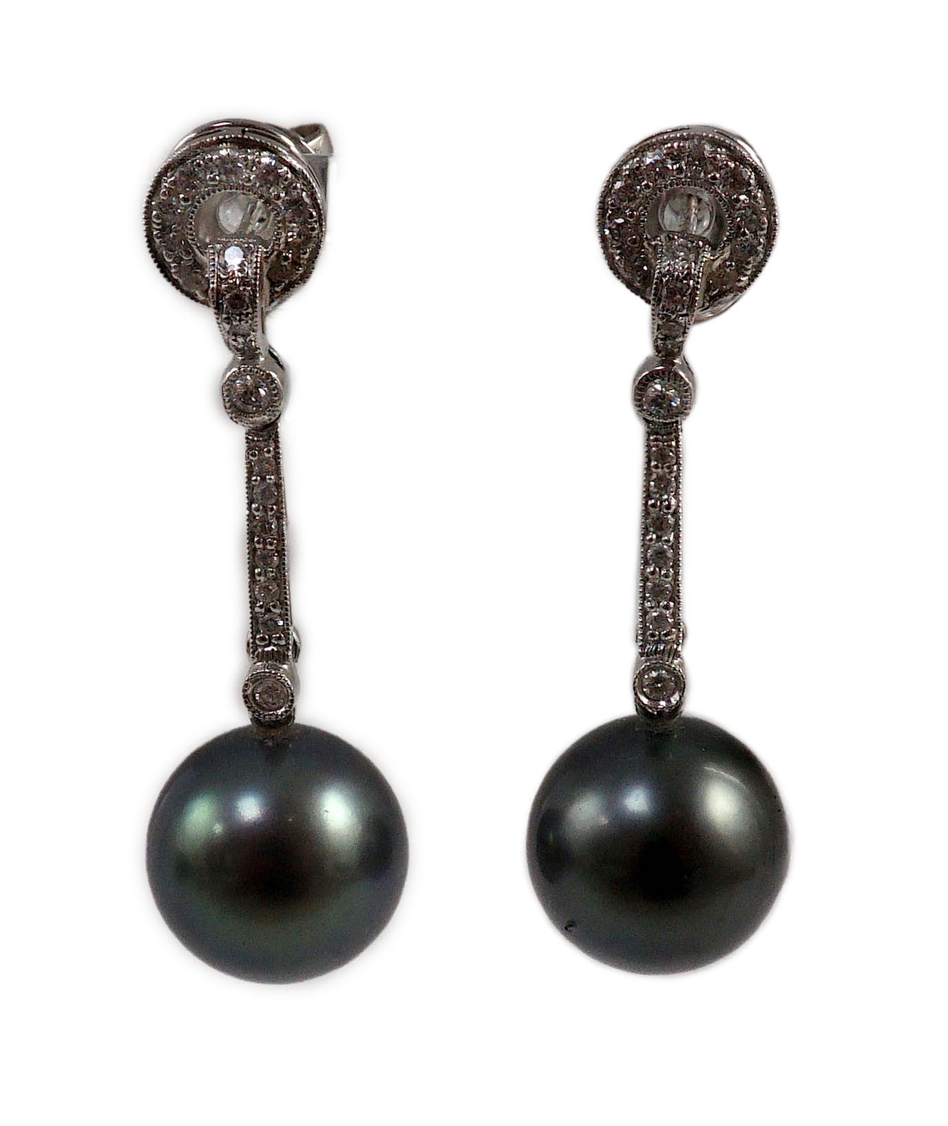 A modern pair of single stone South Sea Tahitian pearl style and diamond chip set drop earrings